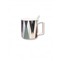 CUP GEOMETRIC DESIGNS WITH LID AND SPOON (W)