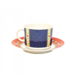 OLD FASHIONED TEA CUPS WITH RED DISH & BLUE FLOWERS