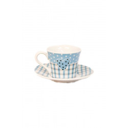 SET OF CUPS IN LIGHT BLUE WITH PLAID PATTERN AND A HEART DESING