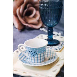 SET OF CUPS IN LIGHT BLUE WITH PLAID PATTERN AND A HEART DESING
