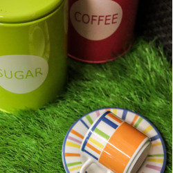 SET OF CUPS IN BLUE, ORANGE YELLOW AND GREEN COLORS